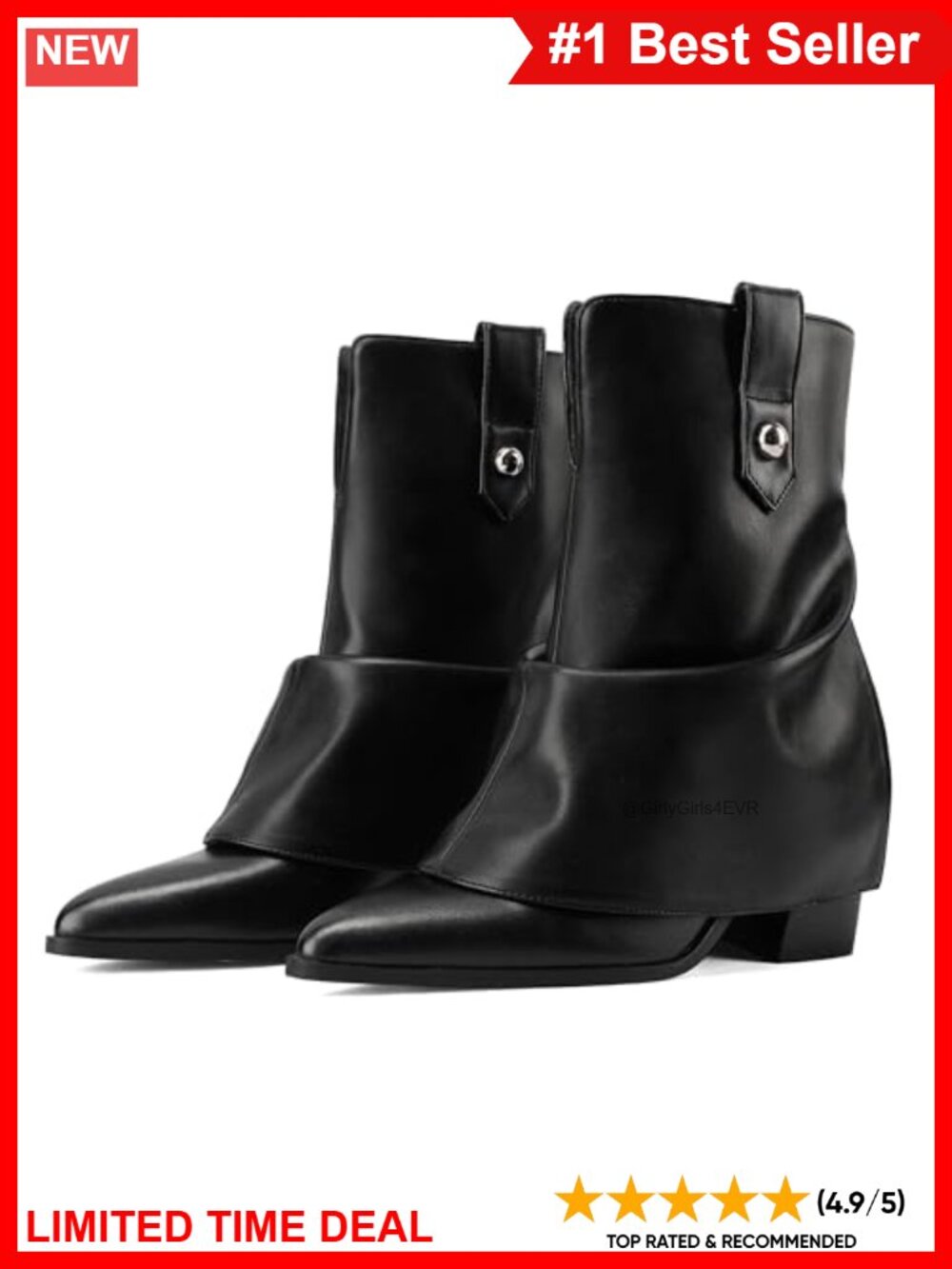 Faux Leather Fold-Over Ankle Booties Pointed Toe Block Heel Women's